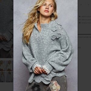 POL “ Kendra “ POL Handmade V-Neck Sweater with 3D Flowers and Lace Ruffle 78